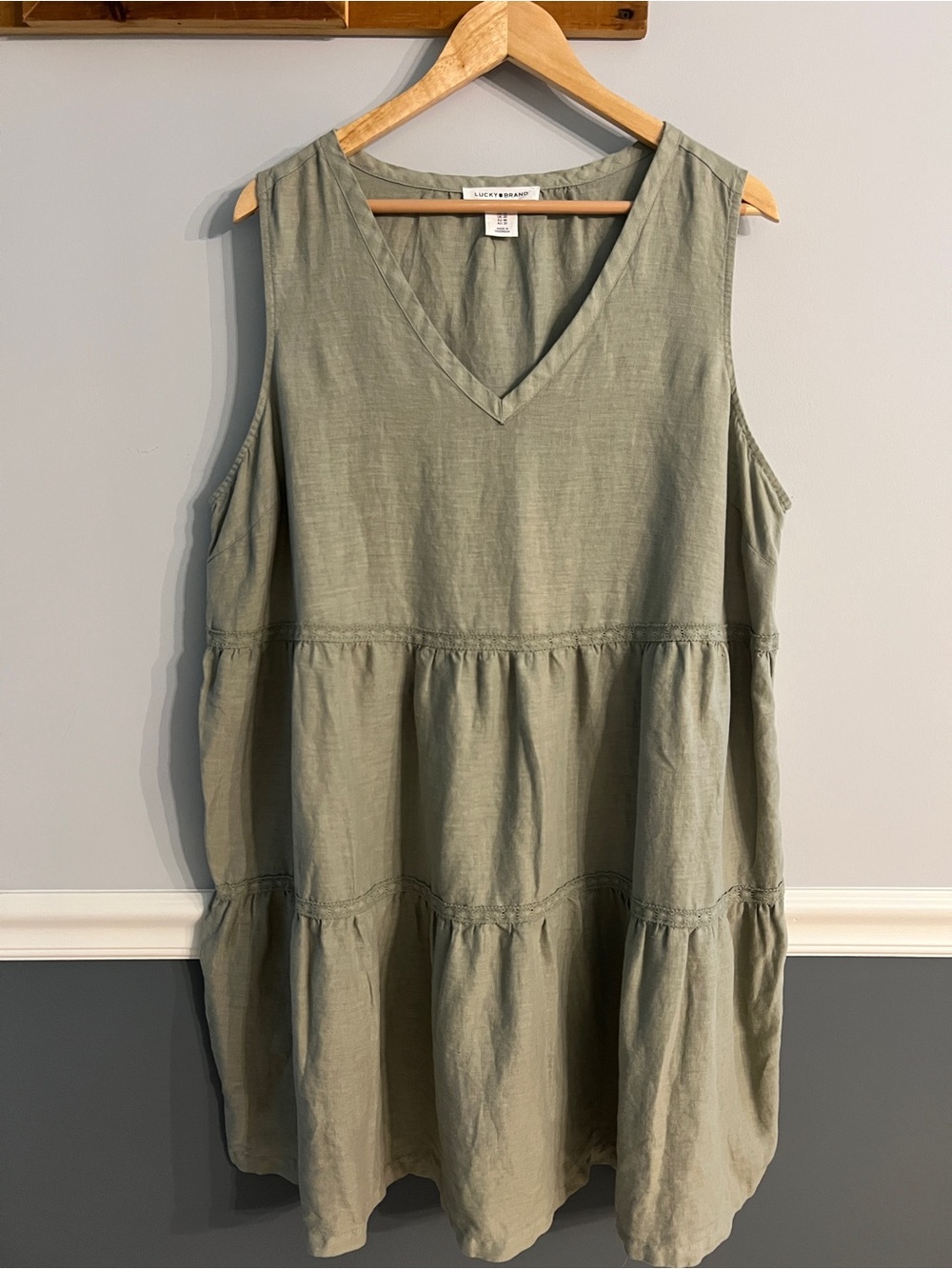 Lucky Brand 100% Linen Tiered Shift Dress Sage Green 1X Sleeveless